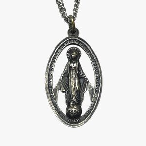Vintage Miraculous Medal Pendant Necklace Virgin Mary Silver Tone Italy Openwork